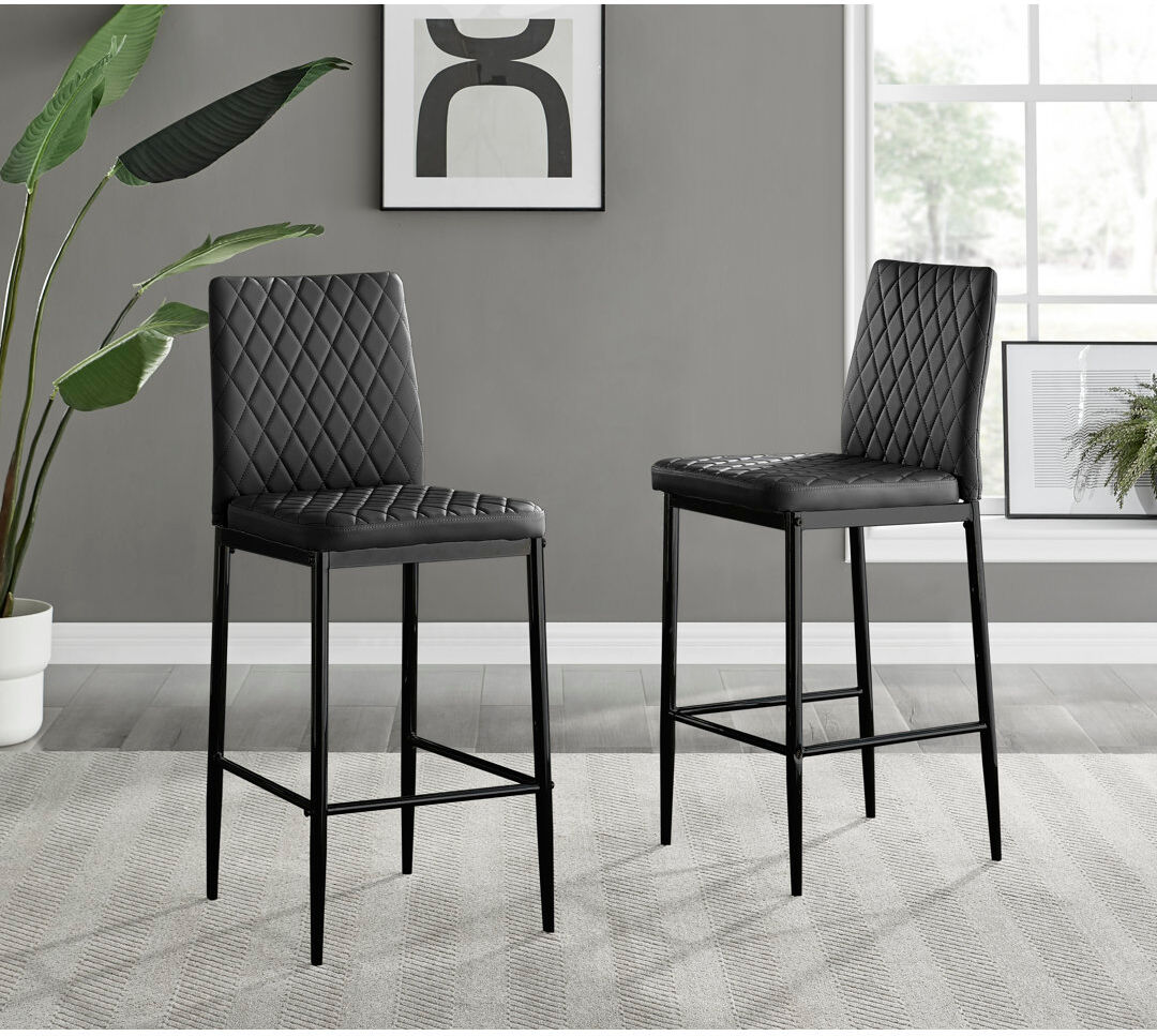 Mercury Milton Luxury Breakfast Bar Stool in Quilted Design Faux Leather - Modern Chic Kitchen Black/Black 97cm H X 40cm W X 50cm D
