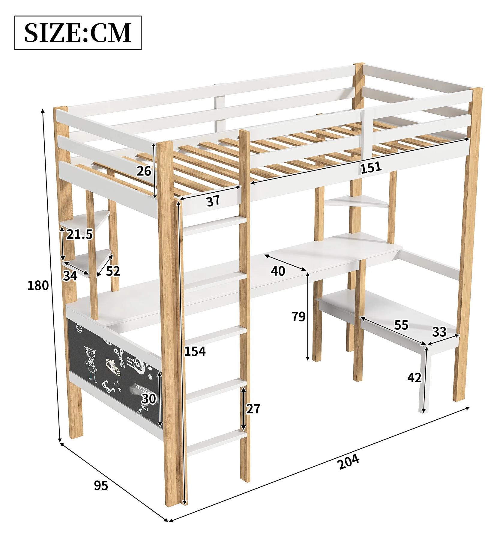 Kinderhochbett - Etagenbett mit Schreibtisch und Bücherregal - 90 x 200 cm - Massivholz - Sicherheitsgitter und stabile Leiter - Lattenrost - Holz-Weiß