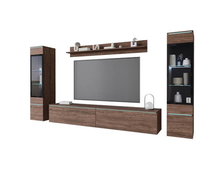 P & B Wohnwand, Nussbaumfarben, Kunststoff, 4-teilig, 6 Fächer, 240x130x33 cm, Fsc, stehend, hängend, Beleuchtung, Wohnzimmer, Wohnwand, Komplette Wohnwand