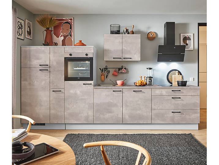 Autarke Küchenzeile Kühl+Apotheker 370cm Ausrichtung links Grau/Beton Hell