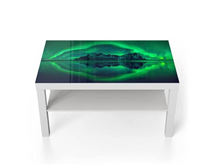 DEQORI Glastisch weiß groß 90x50 cm Motiv Vestrahorn im Polarlicht ausgefallener Beistelltisch aus Glas Hochglanz Couchtisch fürs Wohnzimmer moderner Couch Tisch mit Design