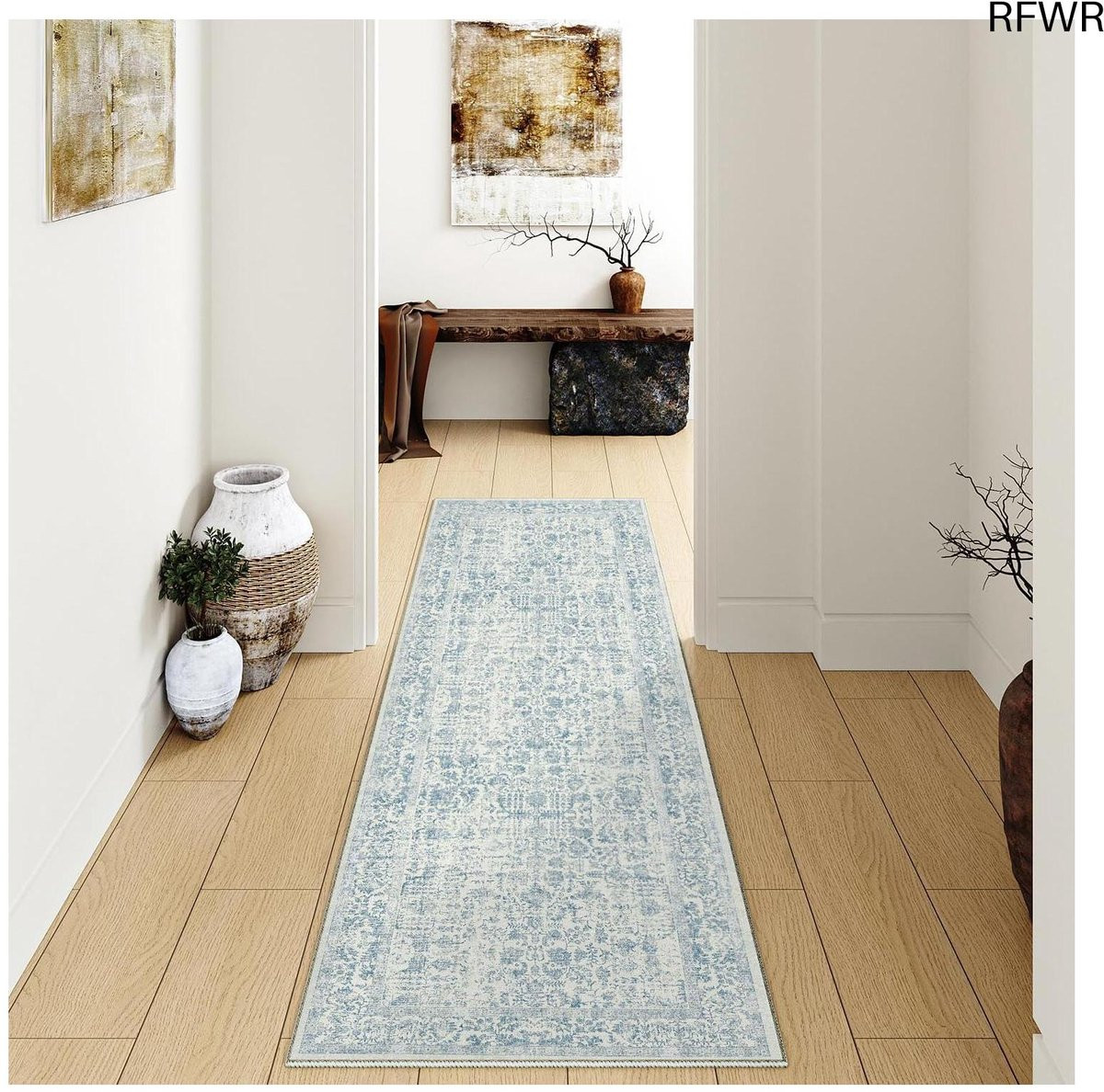 Vintage Retro Loper Tapijt Blauw - Rechthoekig - Polypropyleen