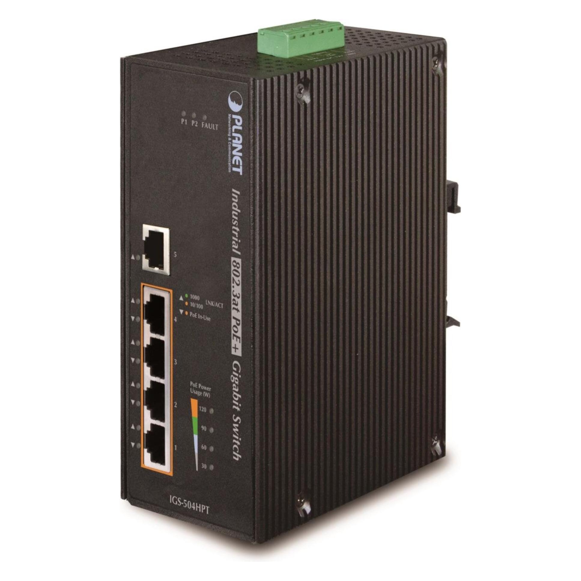 Planet Industrie-Switch 4-Port IEEE 802.3af / 802.3at PoE Injektor Aluminium Metall Gehäuse (802.3af (PoE), 802.3at (PoE+), 120 W) (IGS-504HPT)