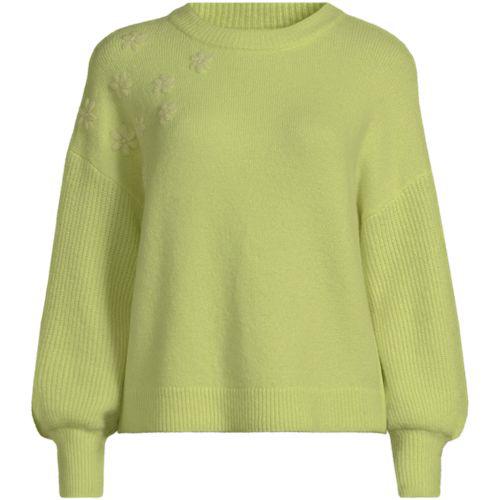 Rundhalspullover mit aufgestickten Blumen für Damen in Petite-Größe, Damen, size: petite, Grün, Wolle/Polyester/Viskose, by Lands' End