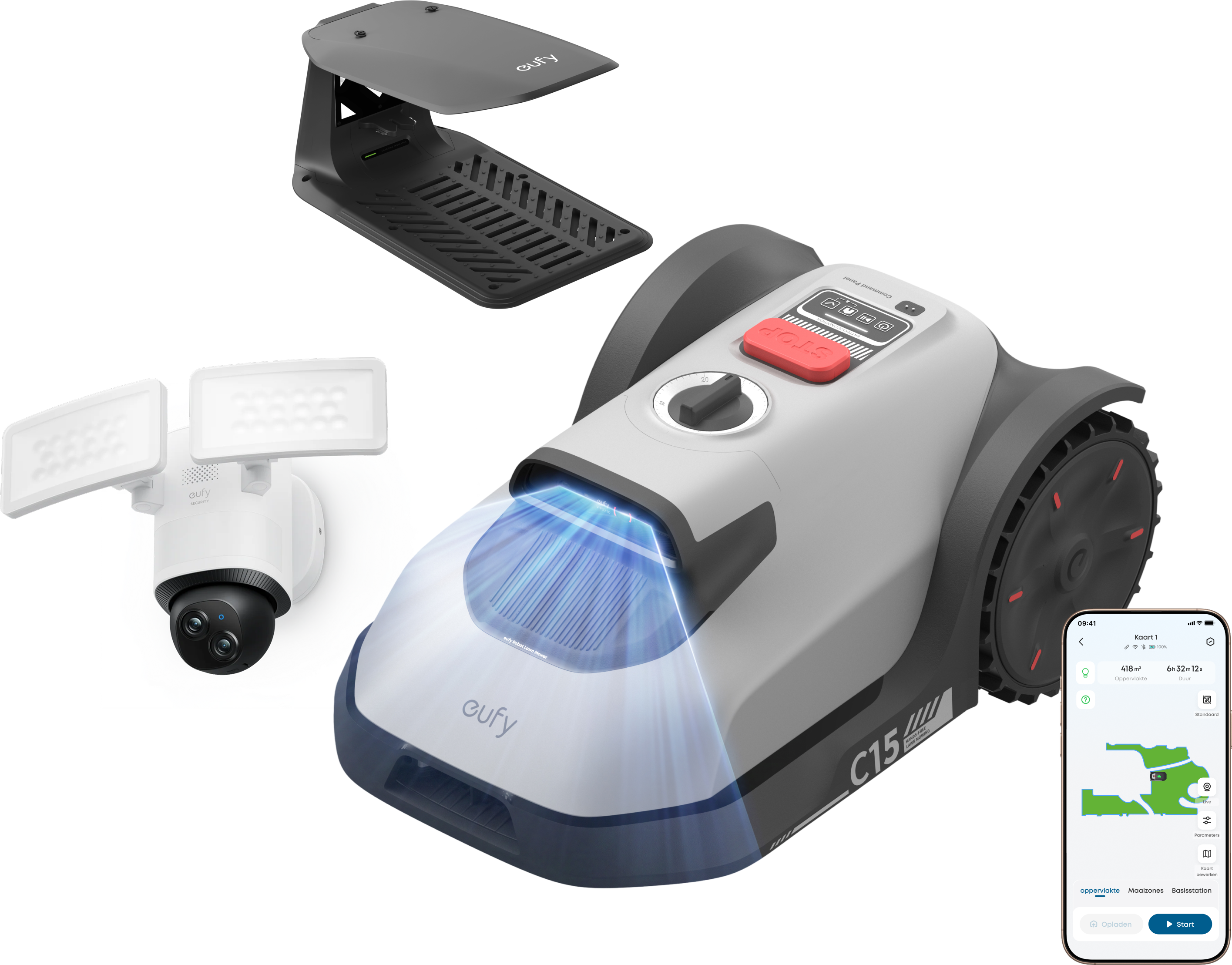 eufy Robotgrasmaaier C15 met Regenkap met Floodlight Camera E340