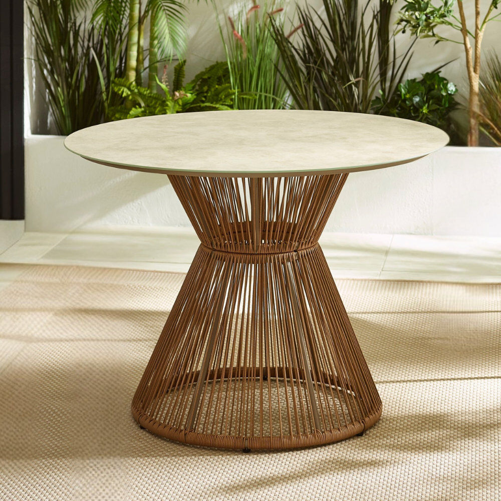 August Grove Halleli Metal & Rattan Round Garden Dining Table - Modern Boho Style Cream