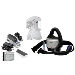 3M TR-315E+ Versaflo Starterpaket inkl. TR-302E, Zubehör und 3M Versaflo Einweg-Leichthaube S433L mit integrieter Kopfhalterung, textiles Universalmaterial, zusätzlich mit Schutz für Hals- und Schulterbereich, Grösse M/L Material: Web 24
