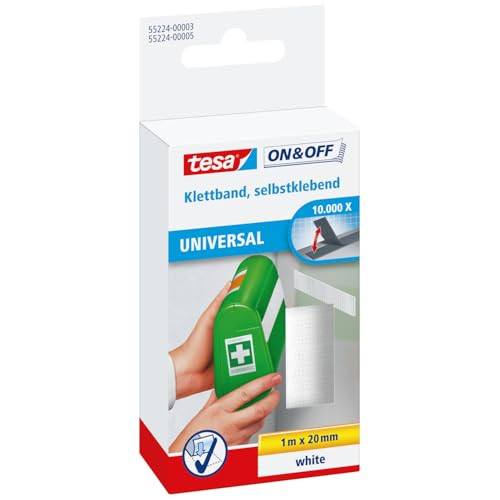 tesa On & Off Plakbare Klittenband Wit, Breedte: 2 cm, Lengte: 100 cm