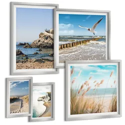 BILDER SET 5er Set - 50x50 cm & 20x30 cm & 40x60 cm Silberner Rahmen - Tropische türkisfarbene Inseln