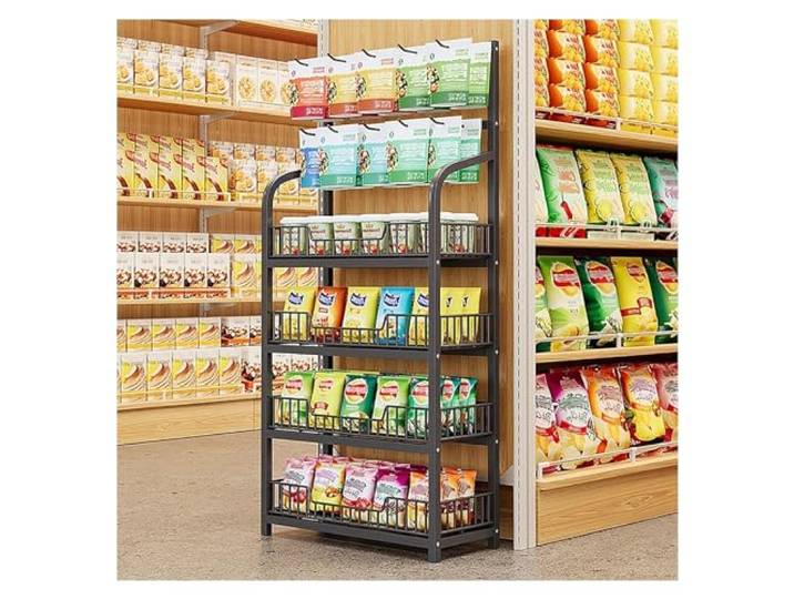 Regal für den Einzelhandel, Supermarkt-Gemüseregale, 4 5-lagige Supermarkt-Regal, Snack-Organizer, Stahl-Einzelhandelsständer für Produkte/Süßigkeiten/Kartoffelchips, Heimki, 4 Etagen, Schwarz, L