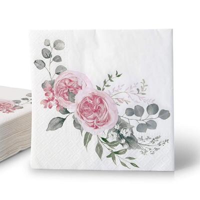 ECOFIESTA 240 Stück Servietten Rosen & Eukalyptus 33x33cm - Saugfähige Party-Servietten für Hochzeiten und Geburtstage - Papier-Servietten
