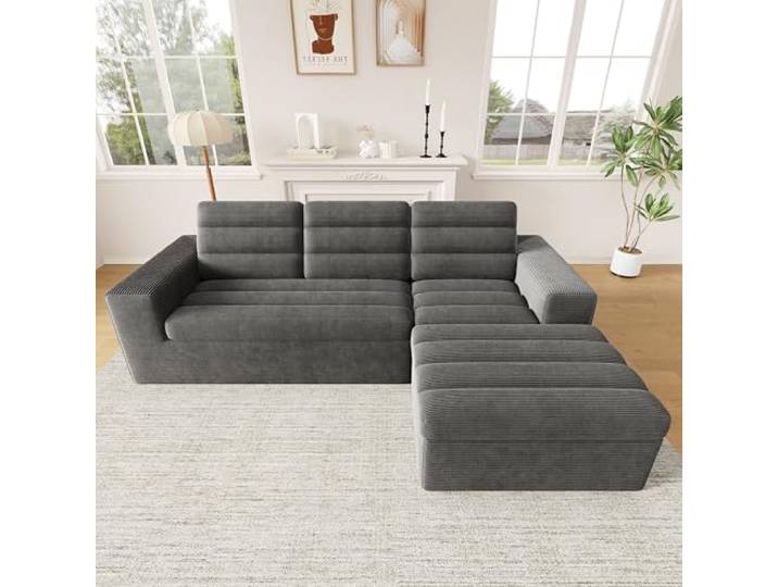 Merax Modulares Sofa & Ecksofa L-Form, rahmenlose Vollschaum-Wohnlandschaft ohne Montage, frei kombinierbare Module aus Cordstoff, Couch für Wohnzimmer und Apartments, Dunkelgrau