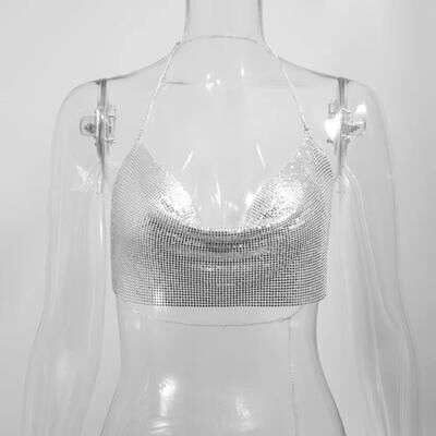 Inspire Select Metallic Halter Corset Crop Top Sexy Glitter Backless Party Tank For Women silver one Size