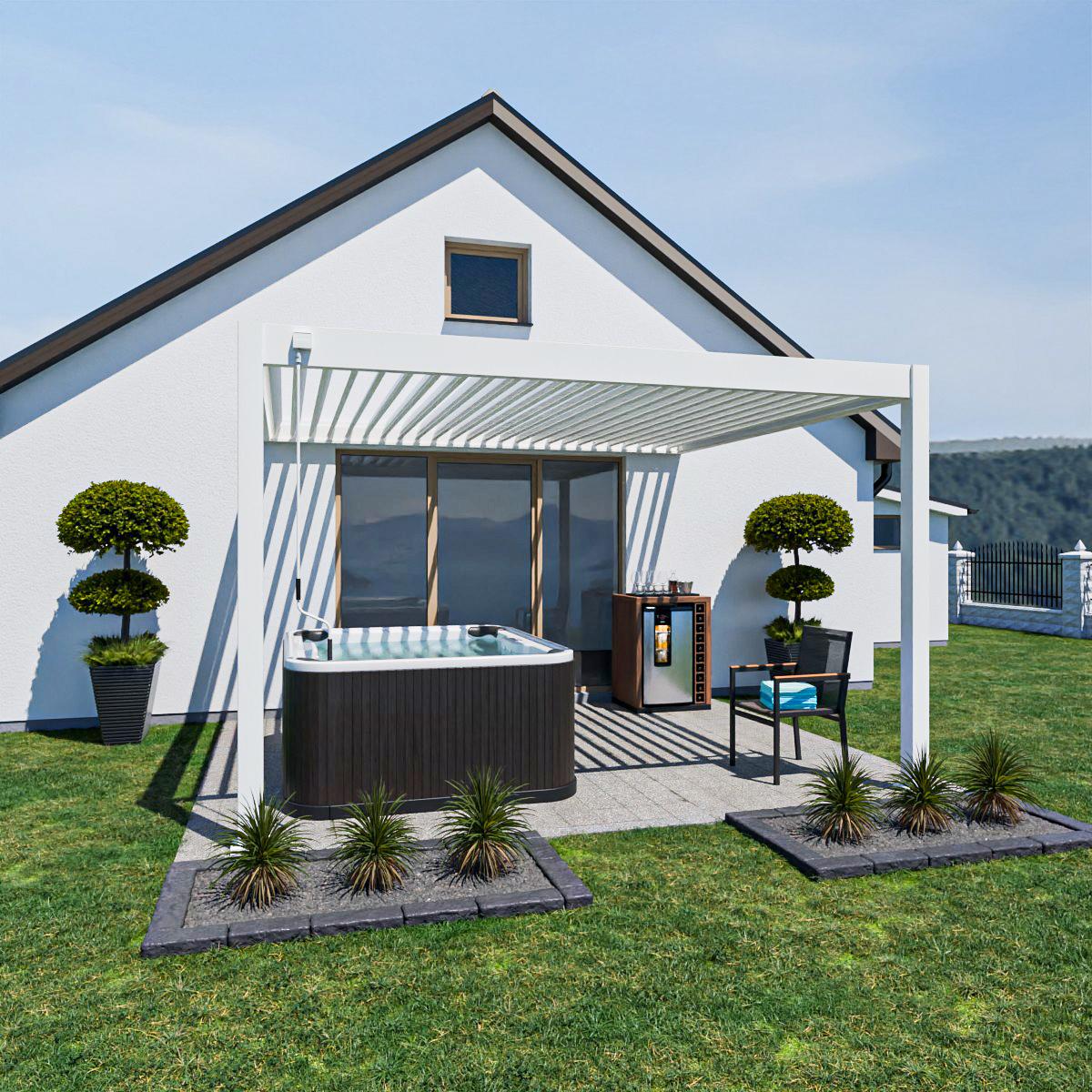 Weide Deluxe Wand-Pergola Voll-Aluminium 3,6x4m mit Lamellendach weiß