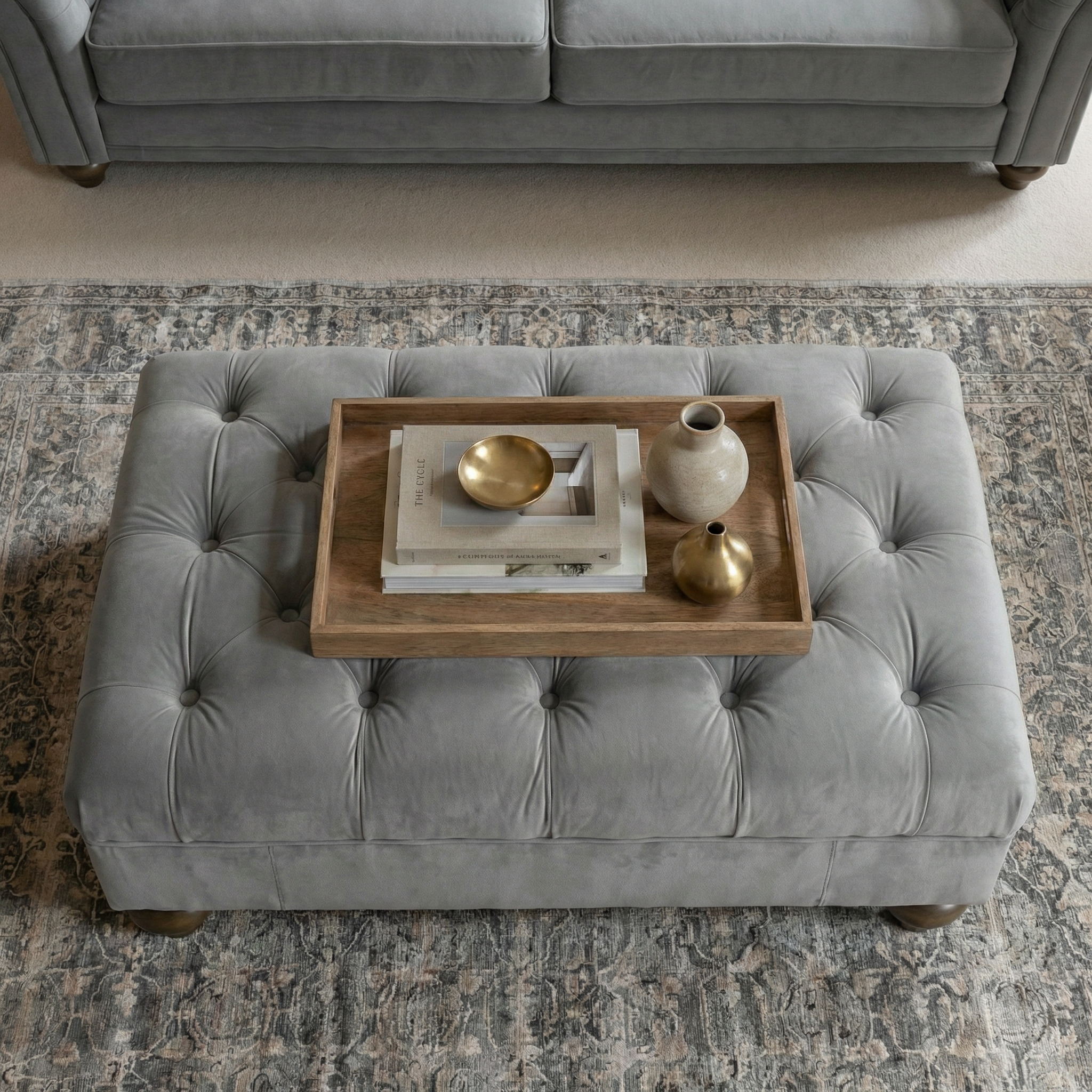 Sofa Style Chesterfield Velvet Footstool in Steel Grey