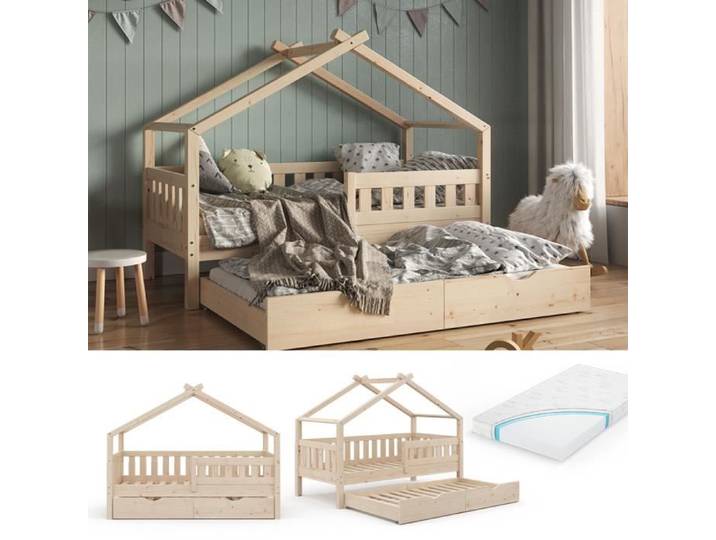 Lit cabane Design 80x160 cm avec lit d'appoint et matelas Naturel bois Vitalispa 36238