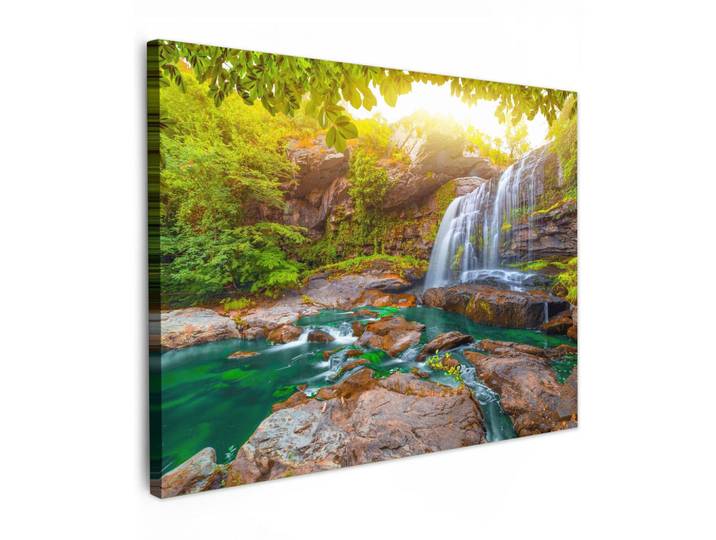MuchoWow Leinwandbild - Natur - Wasserfall - Pflanzen - Bäume - Sonne - 80x60 - Malerei, Olivgrün, Textil, Kiefer, Abstrakt, Rechteckig, 80x60 cm, gerahmt, Bilder & Rahmen, Bilder, Wandbilder