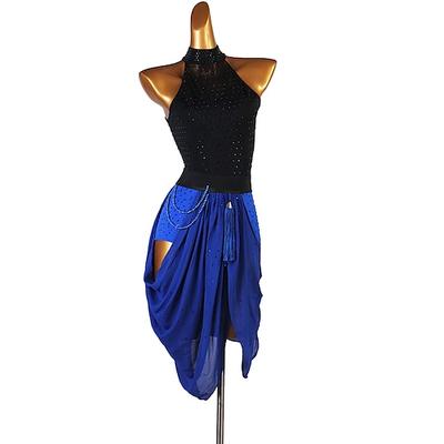 Kleid für Tanz, Salsa, lateinamerikanischer Tanz, geteilte Verbindung, Kristalle/Strasssteine, Damen-Performance, ärmellos, Mesh, Spandex