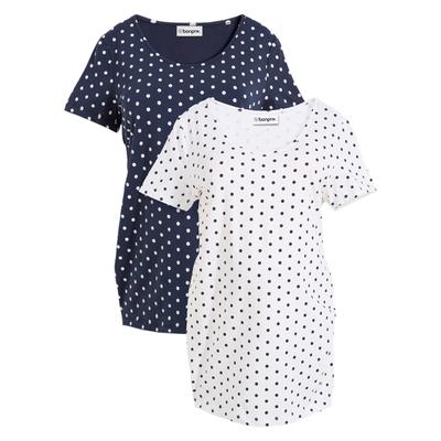 Umstandsshirt BONPRIX, Damen, Gr. 36/38 (S), bunt (weiß, dunkelblau gepunktet), Obermaterial: 95% Baumwolle, 5% Elasthan, figurbetont, Rundhals, Shirts Umstandsshirt, figurbetonte Passform, seitliche Raffungen, gepunktetes Design
