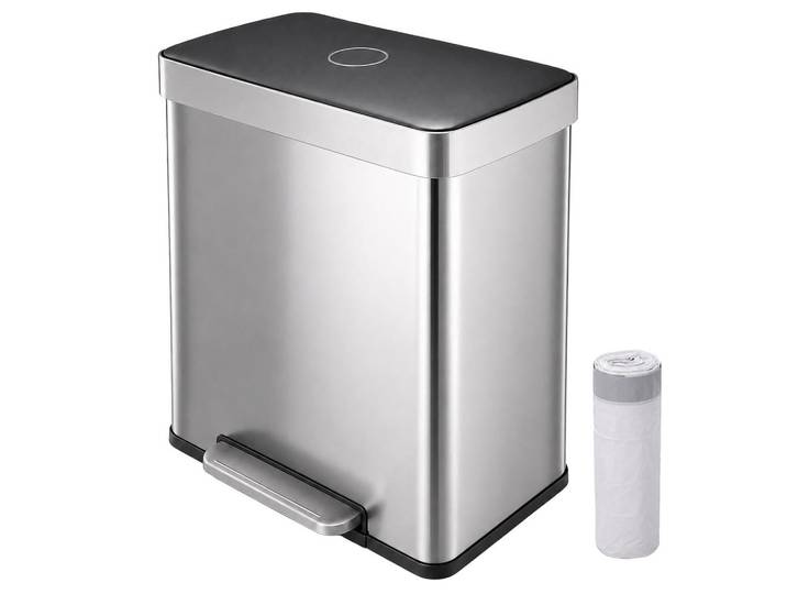 Relaxdays Mülleimer Silber 30 l Pedal, Silberfarben, Metall, Kunststoff, 58x60.5x35.5 cm, Badaccessoires, Abfalleimer