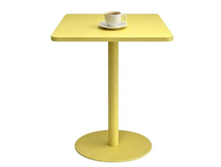 Yopappol Leuchtend Gelber, Quadratischer Bistrotisch Mit Sockel, Einpoliger Coffee-Shop-Esstisch Aus Metall, Wasserdichter Kleiner Restauranttisch Für Café, Dessertladen, Buffet-Empfang(48x48x72cm)