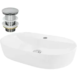 LuxeBath ML-Design Aufsatzwaschbecken Keramik Weiß 60×40×12 cm, oval, inkl. Ablaufgarnitur – modernes Waschtischbecken