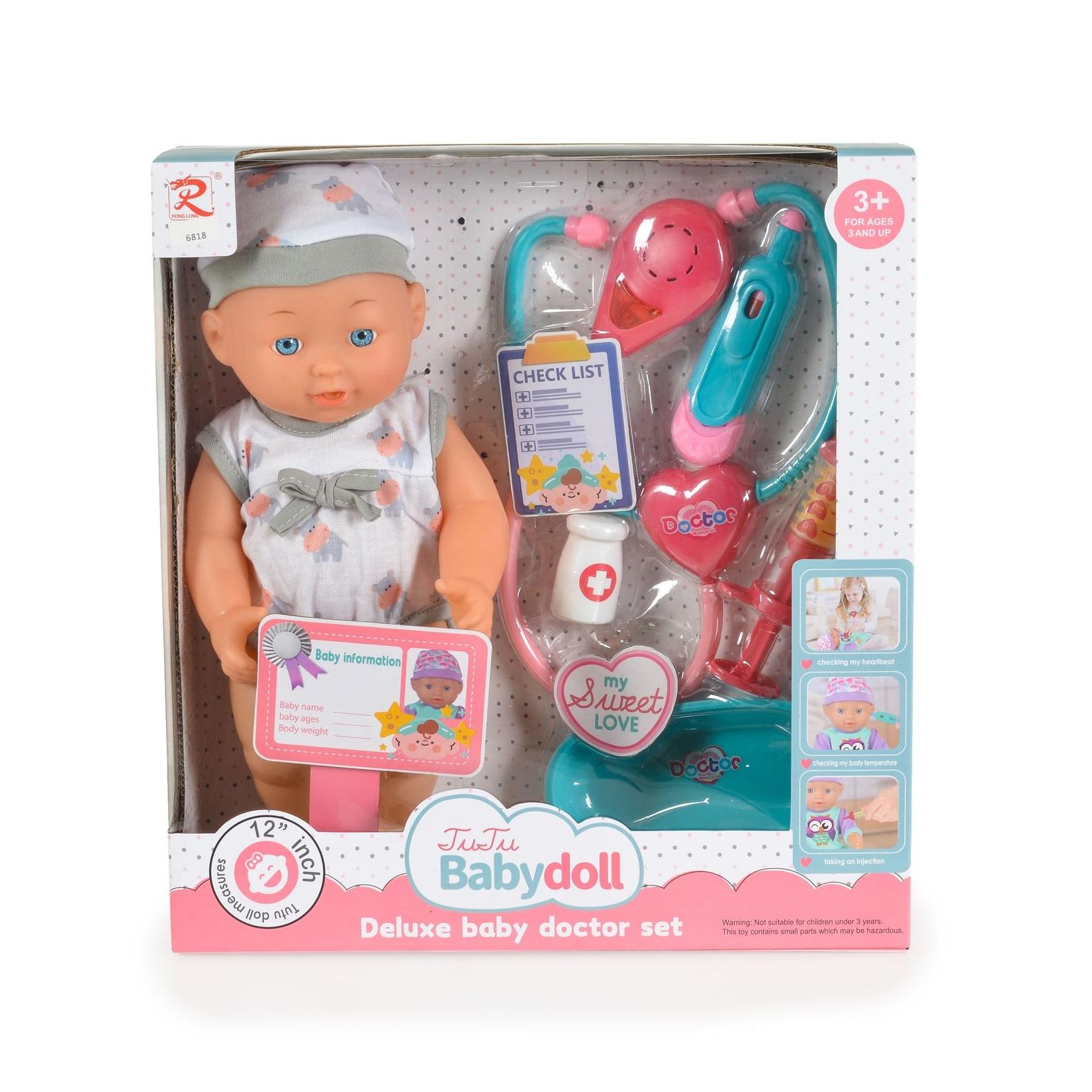 Moni Kinderpuppe 31 cm Stethoskop, Arztzubehör, Arztausweis, mit Geräuschen grau