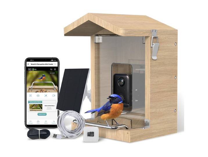 Vogelhaus Sanilu mit Kamera mit Solarpanel , braun, Tierhäuser, Vogelhaus