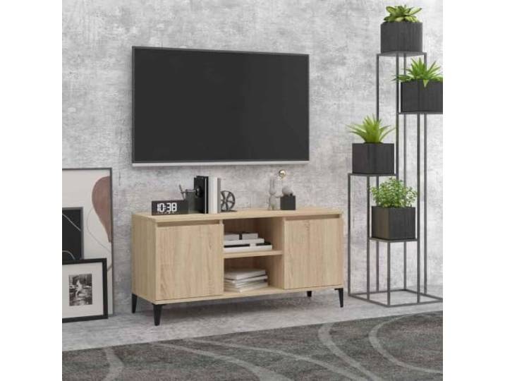 HEFZGDB TV-Schrank mit Metallbeinen in Sonoma-Eiche 103,5x35x50 cm - Sideboard mit 2 Ablagen und 2 Fächern für Multimedia-Geräte und Stauraum, Industrieller Charme, Stabile