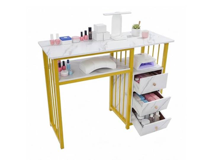 Manikürtisch Nageltisch Mit 3 Schubladen Kosmetiktisch Marmor Optik Gold Manikürtisch Mit 3 Schubladen & Ablagen Nageltisch Marmor-Optik Gold Für Nagelstudio