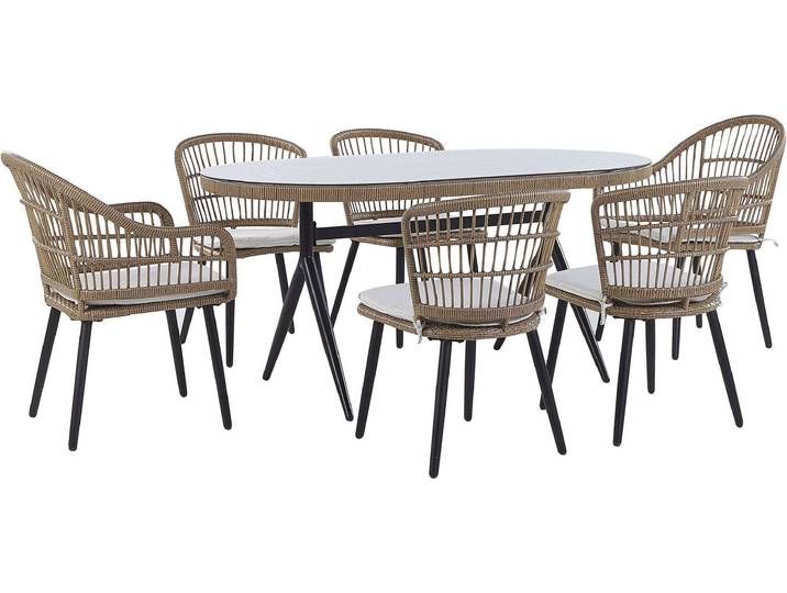 BELIANI Gartenset Beige Rattan Polyester 6-Sitzer Tischplatte aus Sicherheitsglas 6 Stühle mit Armlehnen schwarze Metalbeine Garten Terrasse Outdoor