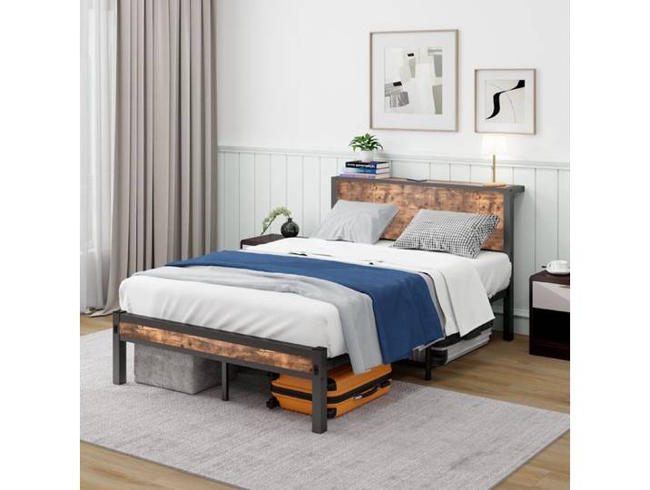 Lit simple 120×200 cm - ZEVKOR - Modèle plateforme - Rangement sous le lit - Métal & MDF - Tête et pied inclus