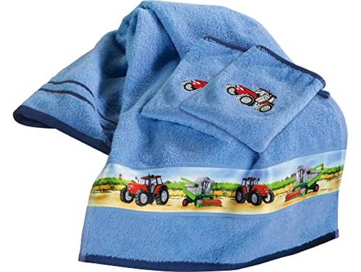 Erwin Müller Kinder Frottier-Set 3-TLG. Handtuch und Waschhandschuhe hellblau Größe - mit hochwertigem Stickmotiv Traktor, saugstark, 100% Baumwolle