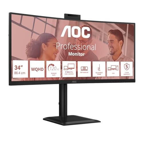 AOC CU34E4CW 34 inch Curved UW-QHD Monitor met Webcam en Luidsprekers, 120Hz, VA-paneel, HDR10, Zwart