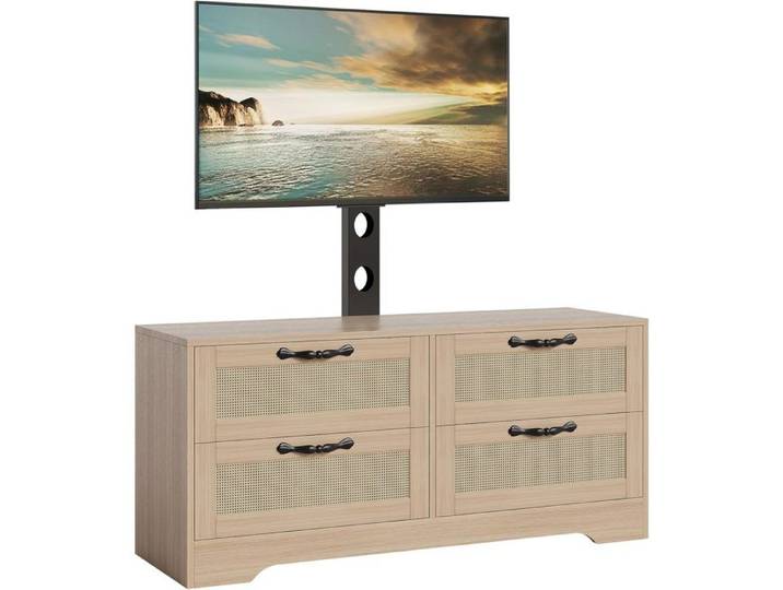 GRAVEE Meuble TV Support TV avec Support Réglable rangement TV avec Portes Rotin naturel 4 grands tiroirs pour Salon Ou Chambre