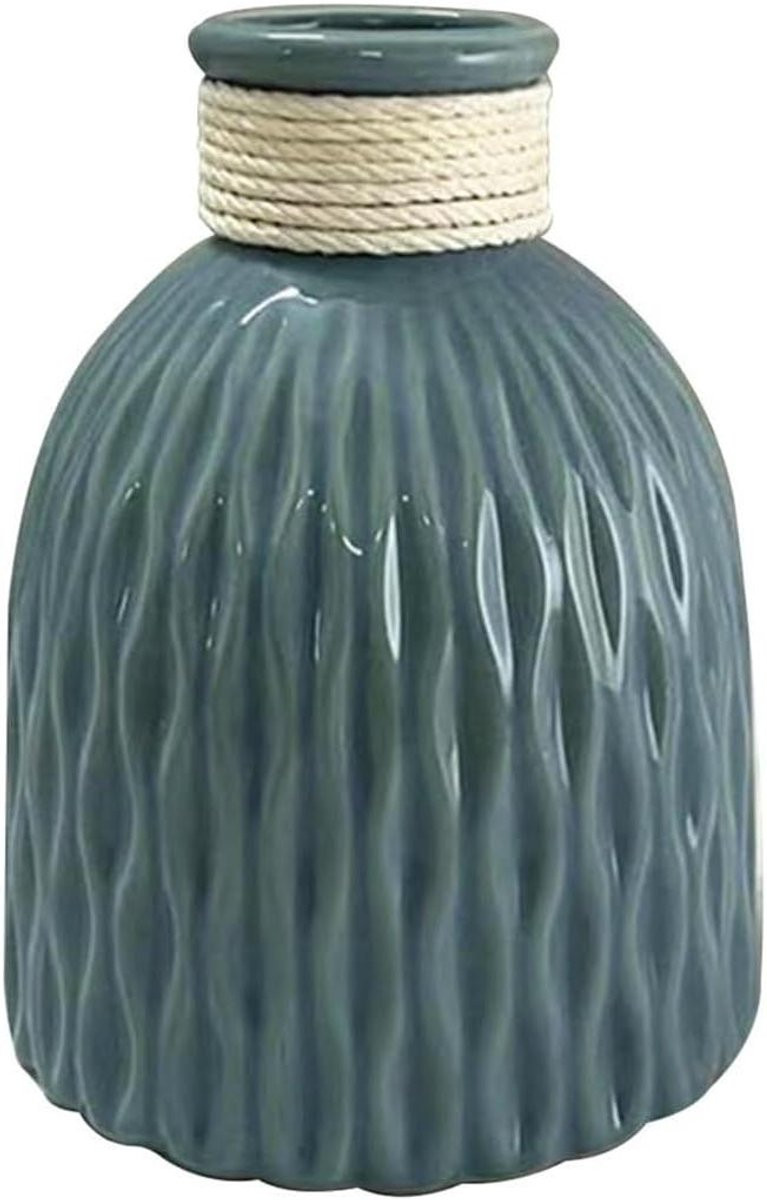 Grijsblauw keramisch mini bloemenvaasje met touwversiering voor bureau decoratie, B/D/H: 1 x 1 x 1 cm