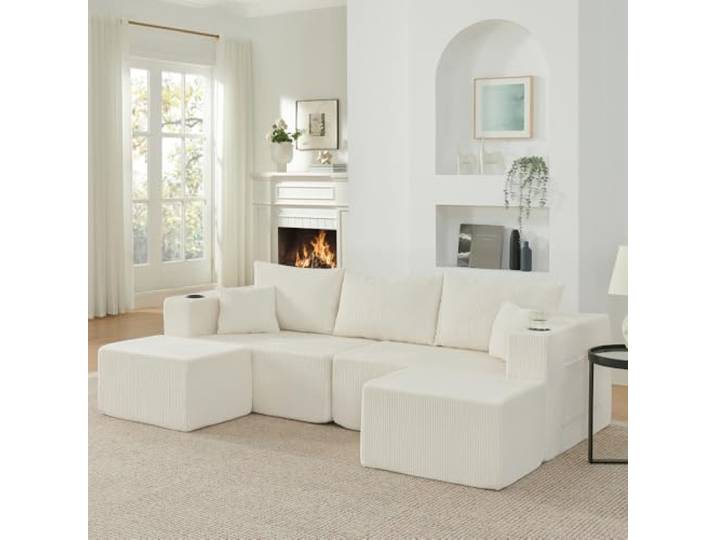 XINGNING L-Form Modulares Ecksofa 3-Sitzer Cordstoff Sofa mit Ottomanen Getränkehalter Seitentasche Kissen für Wohnzimmer Hotel Mietwohnung (Beige)