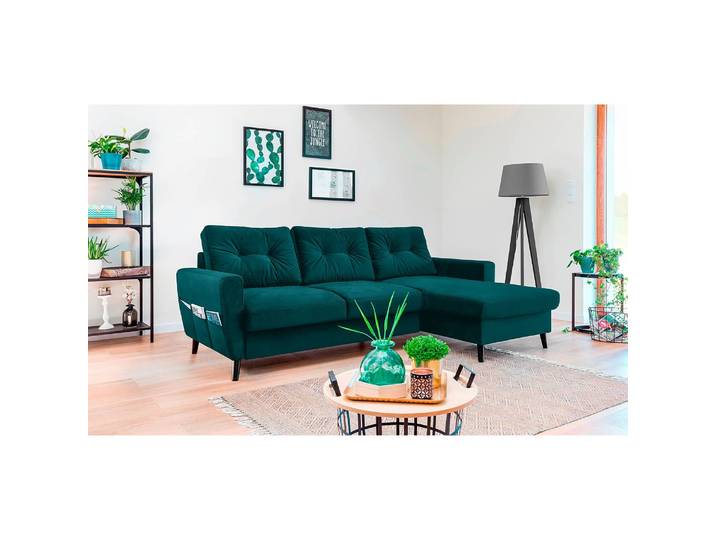 Ecksofa mit Longchair Blau/Petrol Samt Krysia 223 x 90 x 148cm Longchair davorstehend rechts ohne Schlaffunktion Glamour