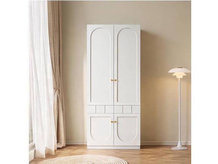 Armoire 2 portes blanche laquée 80x50x200 cm avec penderie tiroirs et étagères fixes