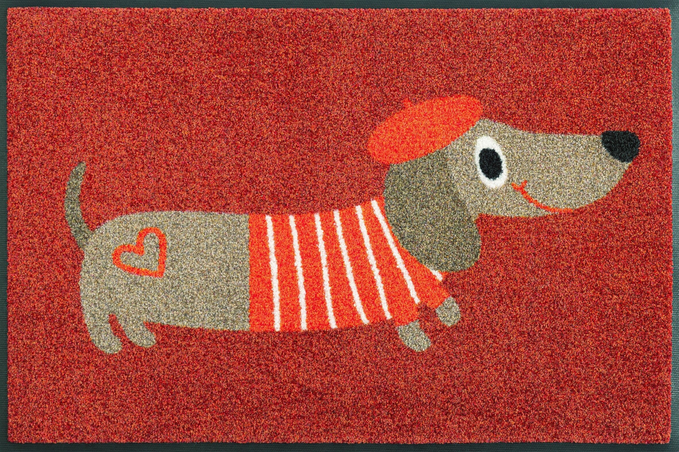 Fussmatte "Monsieur Chien", rot (bunt), B:50cm H:7mm L:75cm, Obermaterial: 100% Polyamid, WASH+DRY BY KLEEN-TEX, Teppiche, Fussmatte bunt B : 50cm 1 Stk., 7mm, L: 75cm
