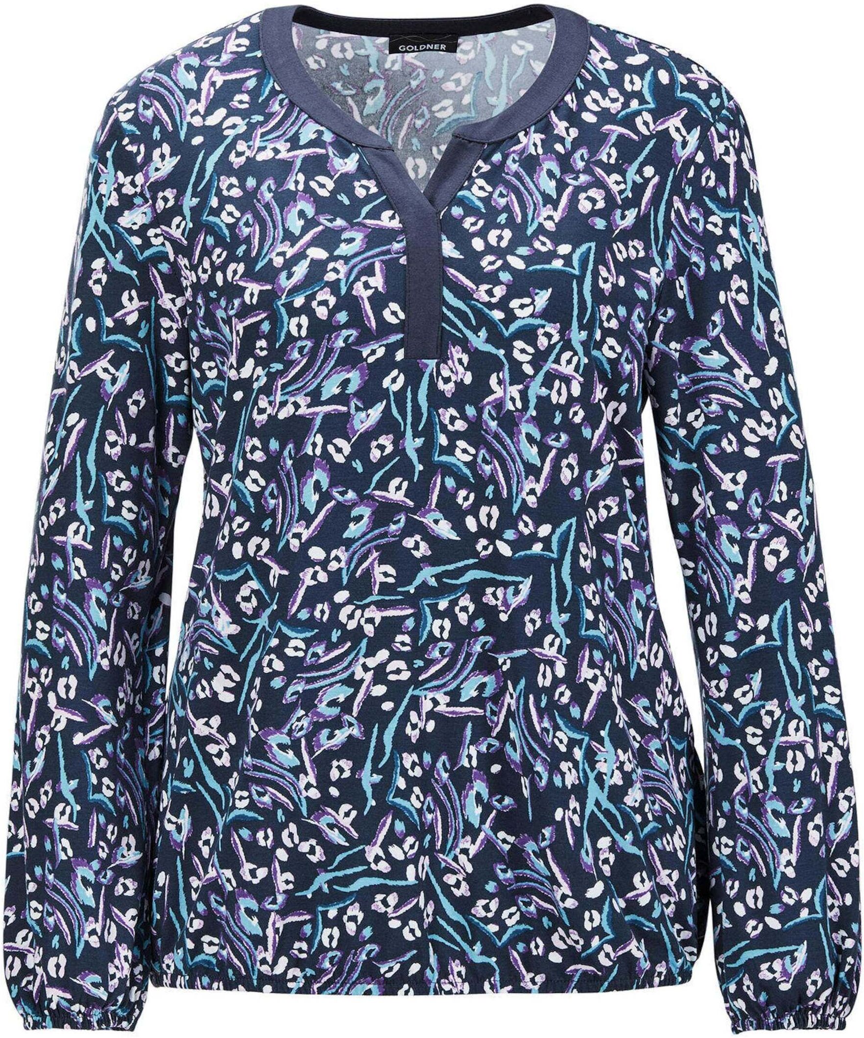 Print-Shirt GOLDNER "Trageangenehmes Shirt mit individuellem Druck", Damen, Gr. 38, blau (taubenblau, gemustert), Obermaterial: 95% Viskose CV. 5% Elasthan EL., figurumspielend, Gummibündchen, Shirts Print-Shirt, Ohne