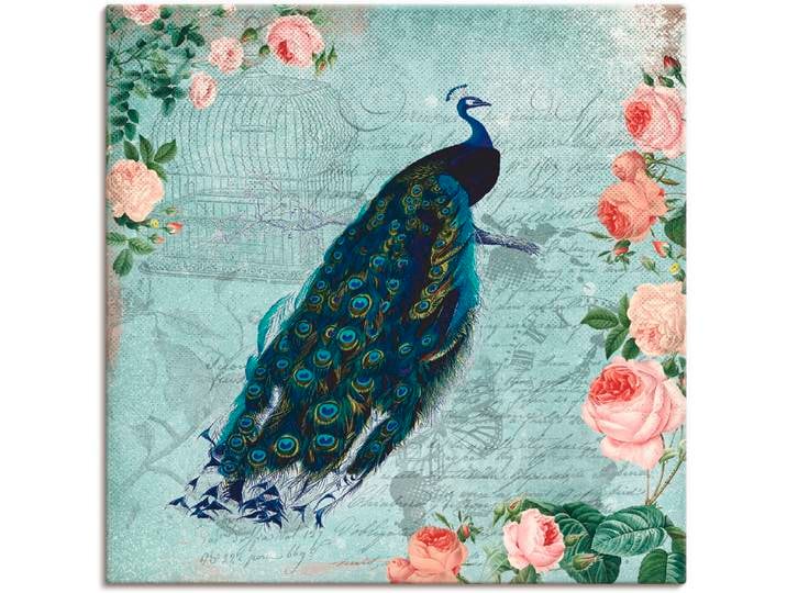 Leinwandbild ARTLAND Vintage Rosen und Pfau Illustration , blau (farbe bild(er): blau), B:30cm H:30cm, Bilder, Leinwandbild, auf Holzrahmen gespannt