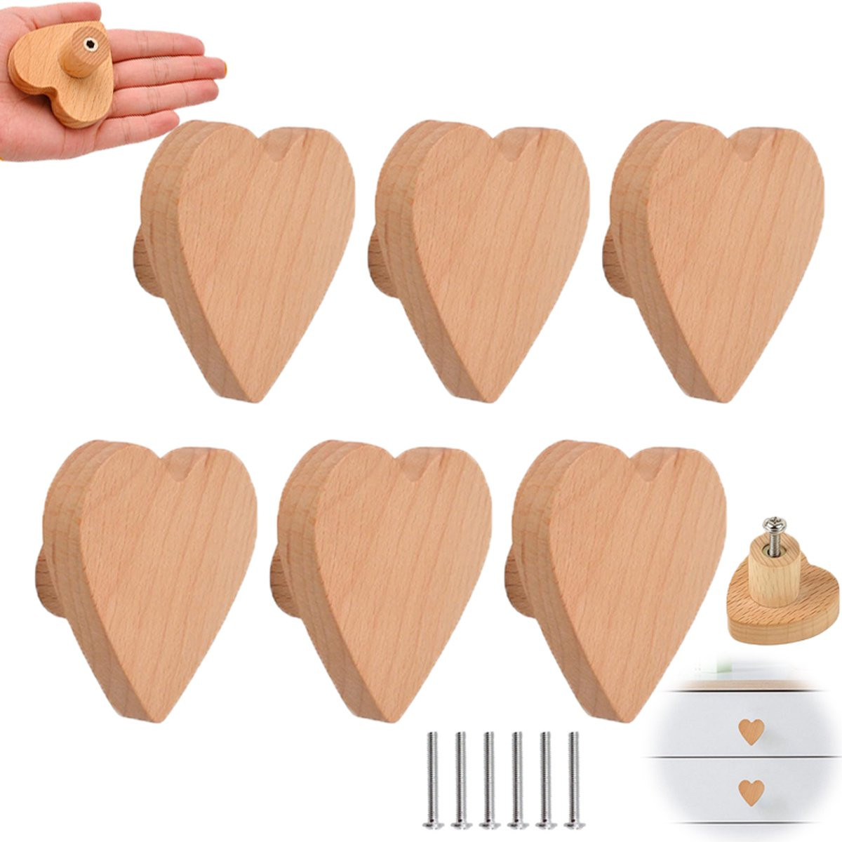 Set van 6 hartvormige houten meubelgrepen van beukenhout inclusief schroeven