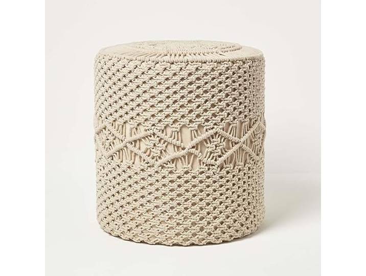 Homescapes Astrid Boho-Pouf Baumwolle Natur 40x42cm, Pouf Hocker Makramee ungefärbt