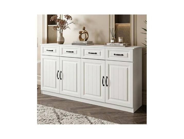 Buffet Sideboard Blanc 160x35x80cm avec 4 Tiroirs et 4 Portes MDF Étagères Ajustables Meuble Cuisine Salon