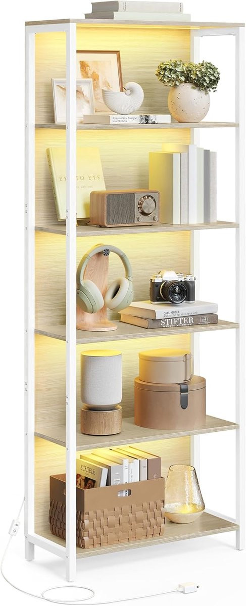 Boekenplank met LED-verlichting en 6 verstelbare niveaus, H: 178.5 cm