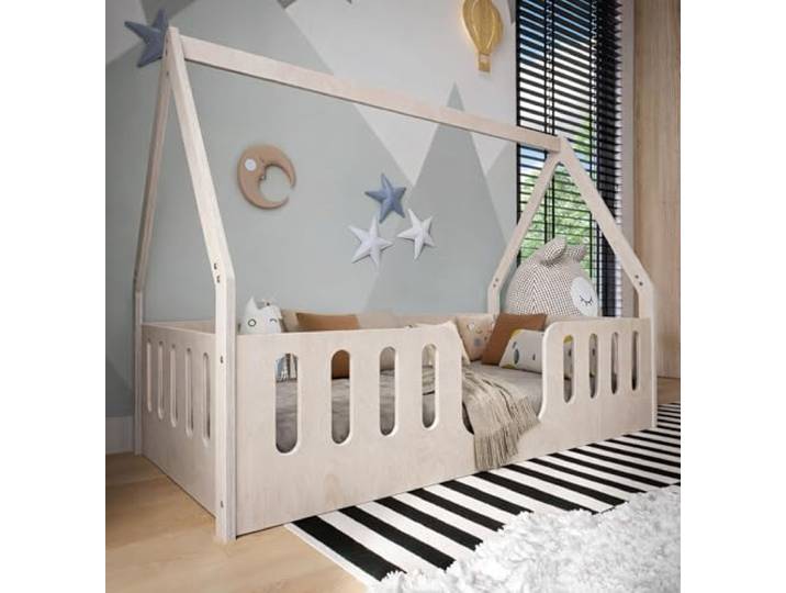 OSONO Nido Forma S Hausbett Kinder 90x200 cm aus Naturholz Montessori Bodenbett mit Lattenrost Modernes skandinavisches Kinderbett