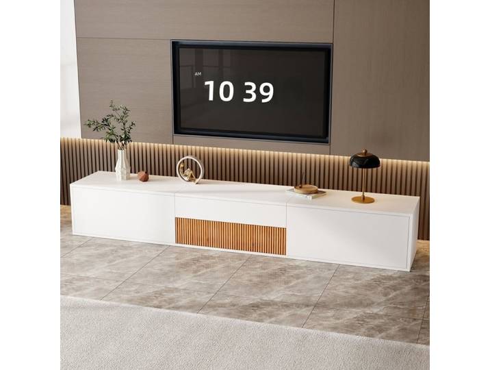 Meuble TV - LEMONBEST - 180 x 34 x 30 cm - Blanc - Support projecteur rétractable - Rangements intégrés