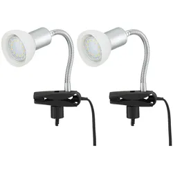 Klemmlampe weiß Klemmleuchte Klemmlampe LED mit Stecker, Tischleuchte Leselampe, Spot beweglich, Metall titanfarben Glas weiß, 1x LED 3W 250Lm 3000K, HxLxB 34x9x6,1 cm, 2er Set