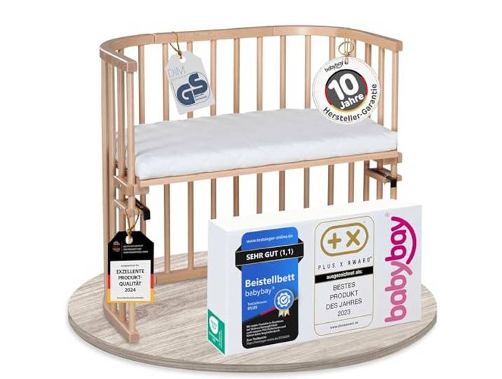 babybay Original Beistellbett, GS-geprüft, Natur lackiert, mit Matratze Das Original vom Erfinder der Beistellbetten, massive Buche, stufenlos höhenverstellbar & mitwachsendes Babybett